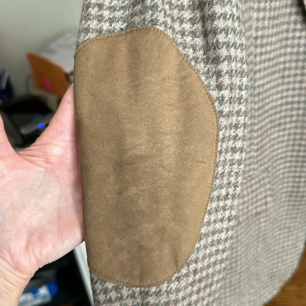 Vintage Wool Tan Houndstooth Sport Coat Blazer Academia‎ Career Elbow Patch 42L